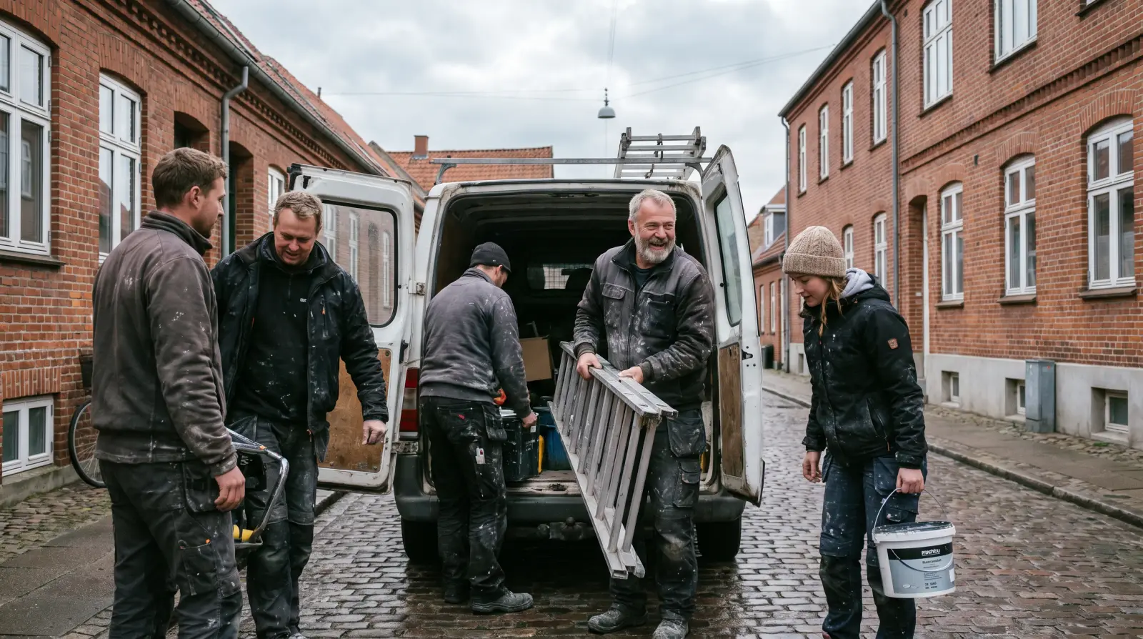 En malermester og fire svende læsser varevognen om morgenen.