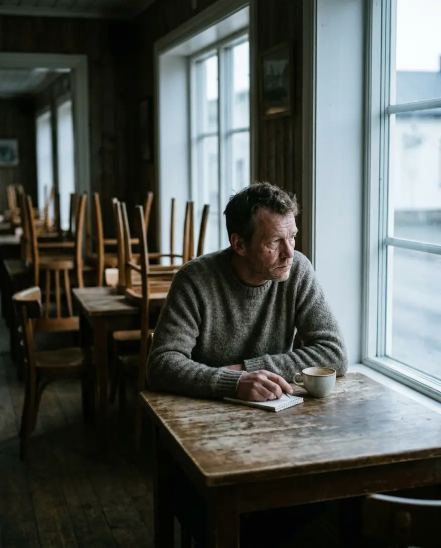 En caféejer sidder alene i sin lukkede café med en notesbog og en kop kaffe.