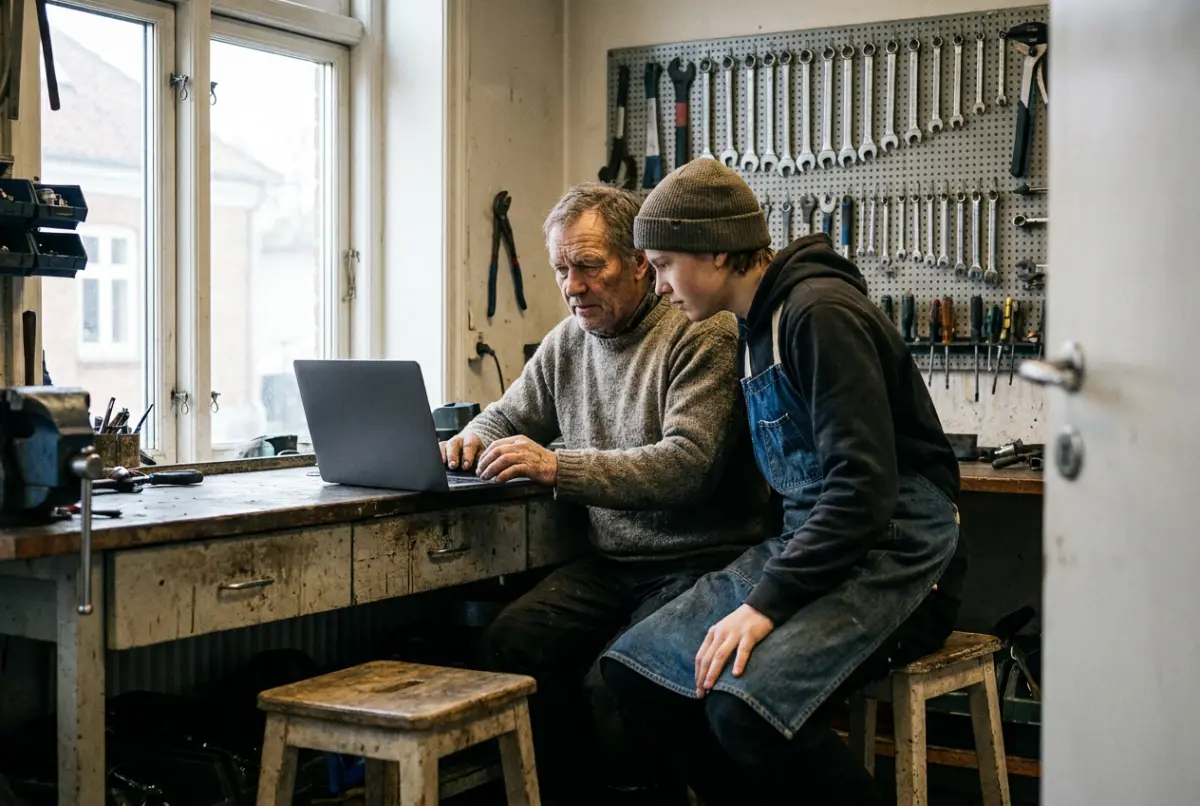 En cykelsmed og en rådgiver ser på en computer ved arbejdsbænken.